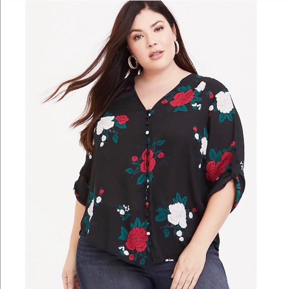 Torrid Black Floral Blouse with Red and White Accents